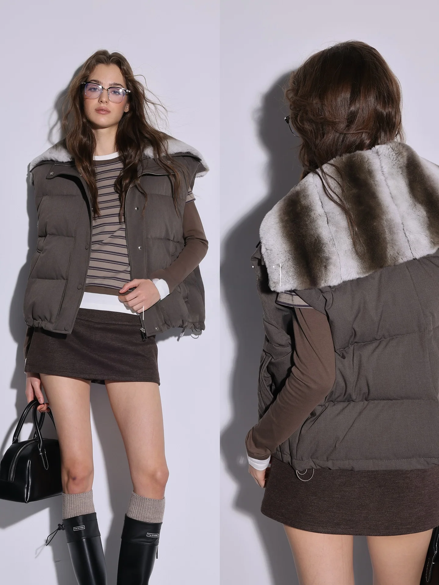 

Deesicile LP Tea Brown Fur Goose down Vest Coat Large Collar Chinchilla Pattern Women's Luxury Sle Warm ort Jaet
