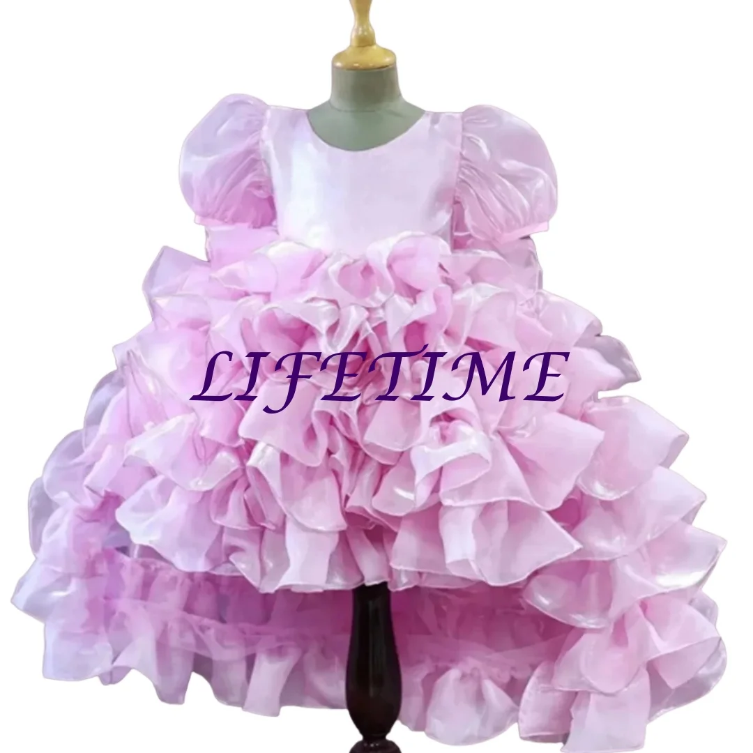 결혼식을위한 맞춤형 보라색 꽃의 소녀 드레스 활이 달린 단계식 짧은 소매 어린이 생일 파티 첫 영성체 볼 가운