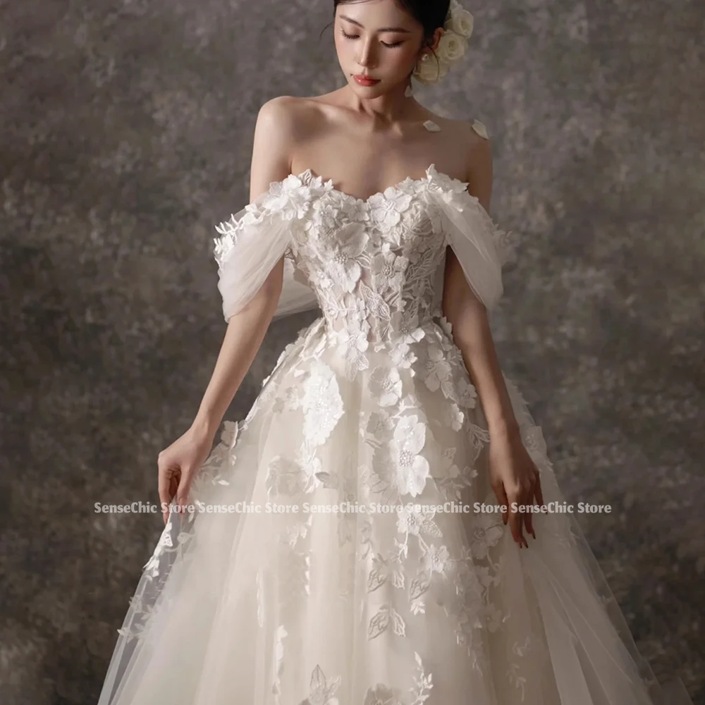 Lace Floral Wedding Dresses Korea Strapless Elegent 웨딩드레스 Tulle Puff Sleeves Detachable Sleeves Bridal Dress Customized