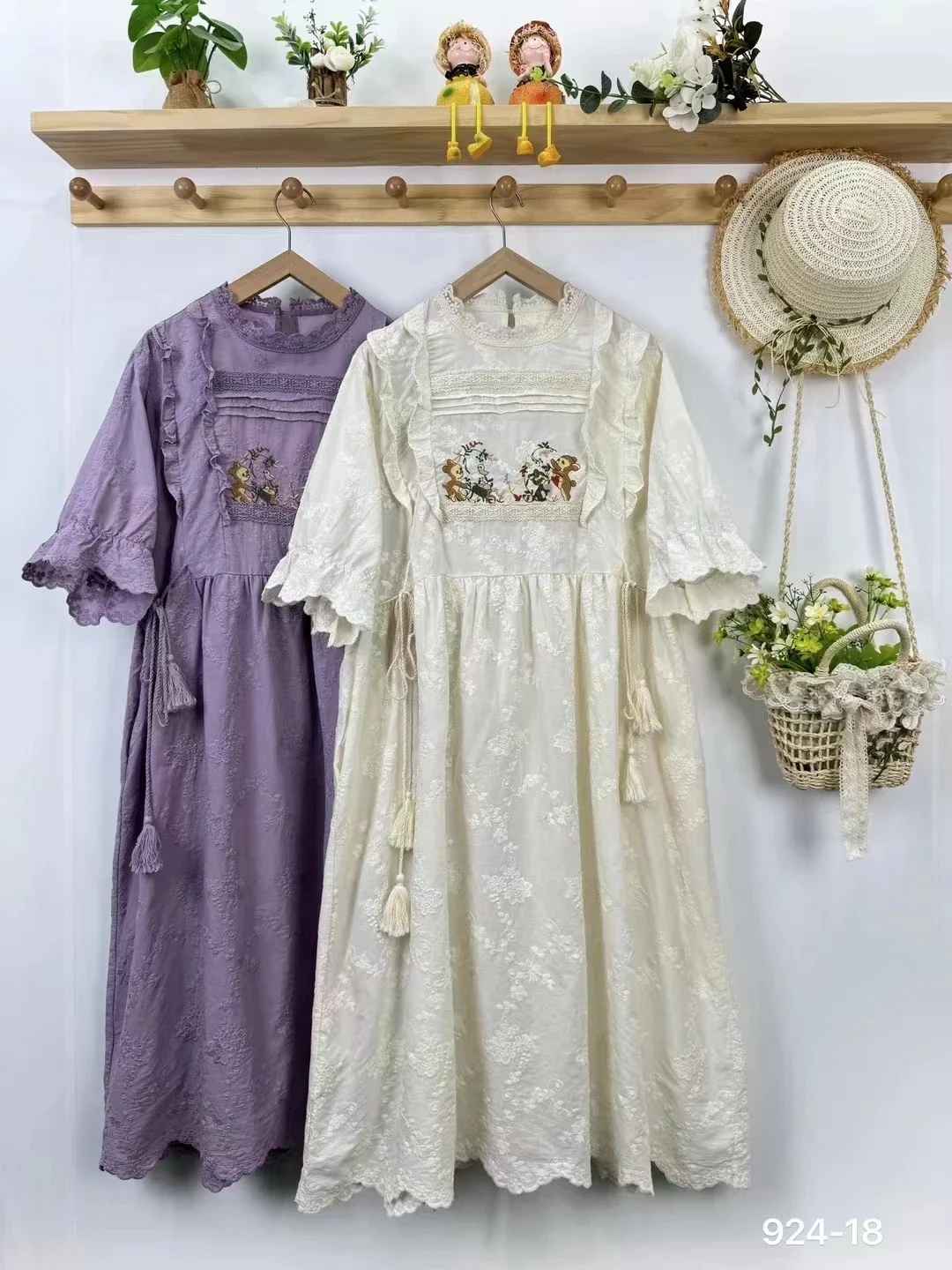 

Summer Japan Style Mori Girl Floral Embroidery Cotton Dress Women O-Neck Short Sleeve Casual Loose Midi Dresses