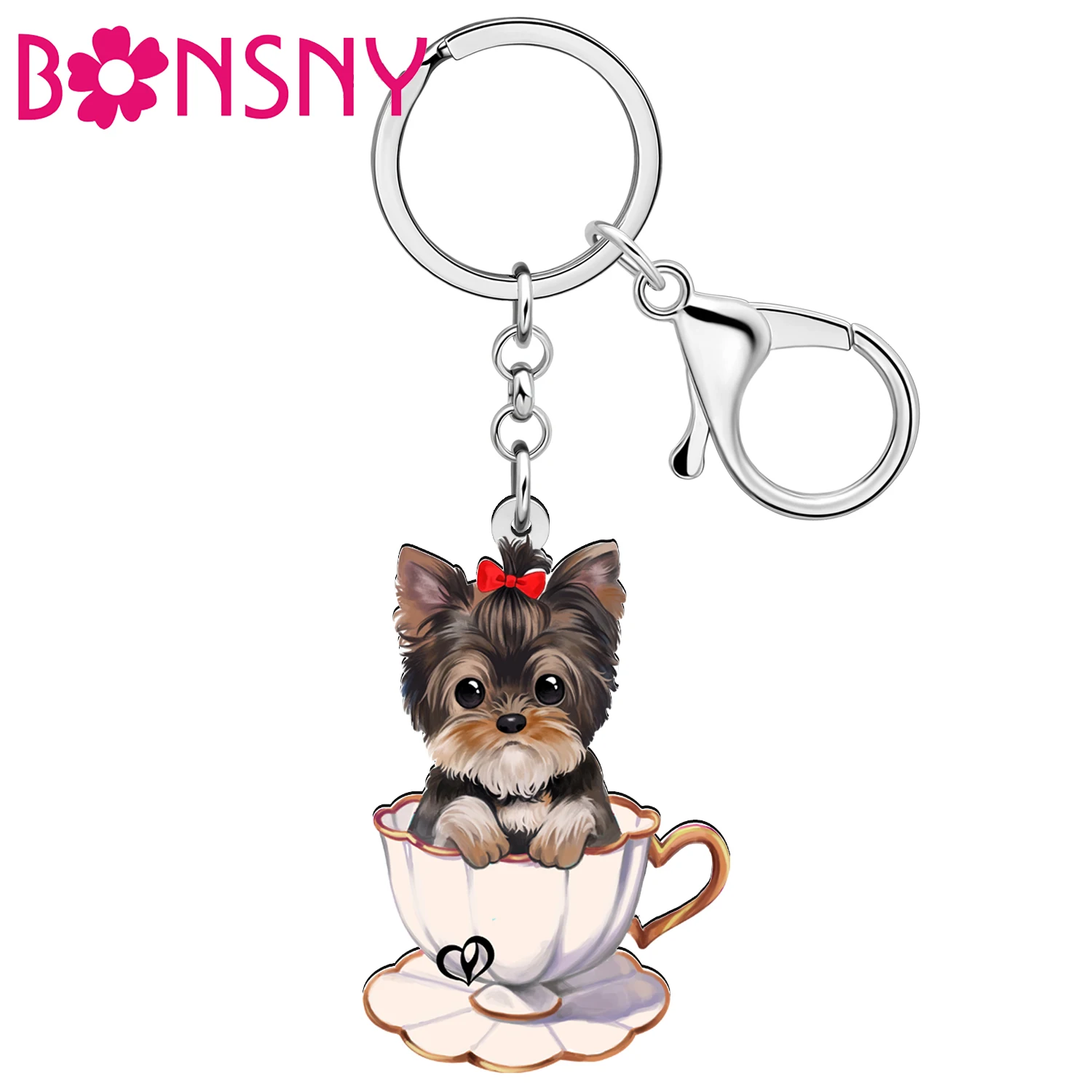 BONSNY Acrylic Cute Teacup Yorkshire Dog Puppy Purse Car Keychains Key Chain For Women Girls Kid Key Ring Gifts Accessories