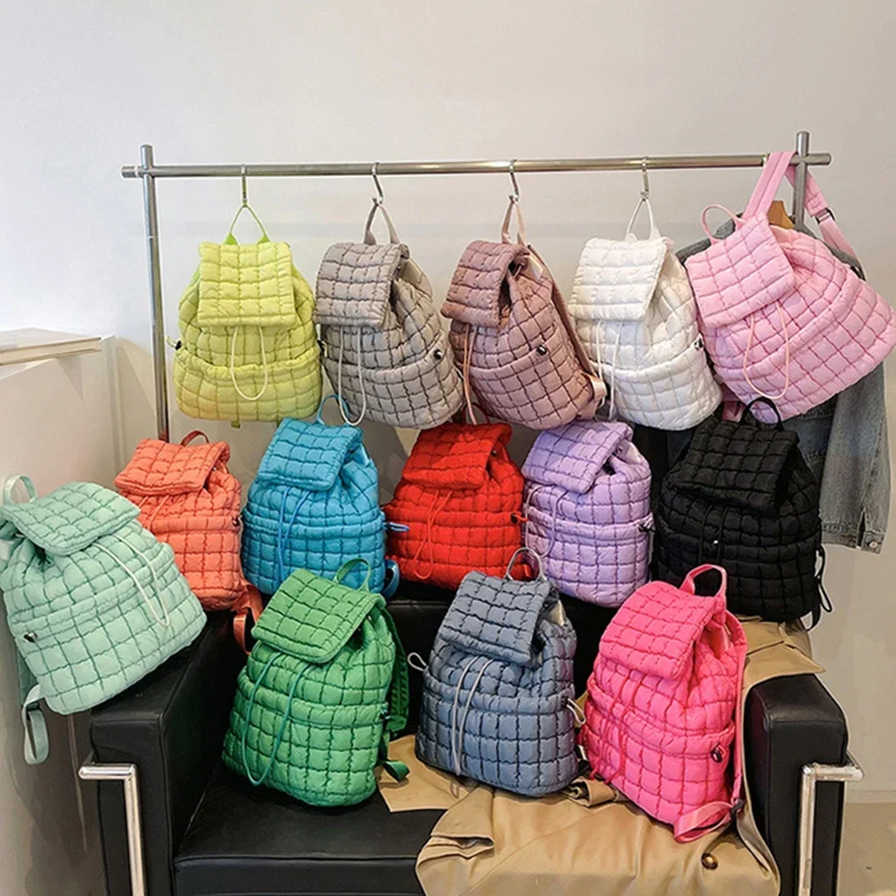 

Candy Color Quilted Women Backpack Puffy Down Padded School Bag Large Cotton Travel Back Pack Bags for Women Plaids Shoulder Bag