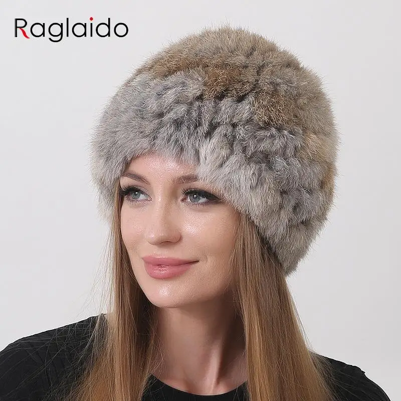 

Warm Fluffy Women's Winter Hats 2023 Natural Rabbit Fur Knitted Beanie Russian Soft Cozy Fur Hat