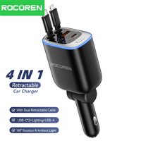 Rocoren 4 IN 1 Retractable Car Charger Mobile Phone 2C+L+A For iPhone Fast Charge Cord for iPhone 16 15 14 13 12 Samsung Xiaomi