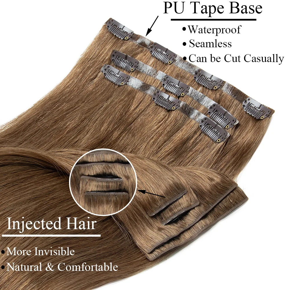 Invisible Clip Ins Hair Extensions Human Hair Black Blonde Brown Injected Seamless PU Weft Clip in Hair Extensions 7pcs/Set