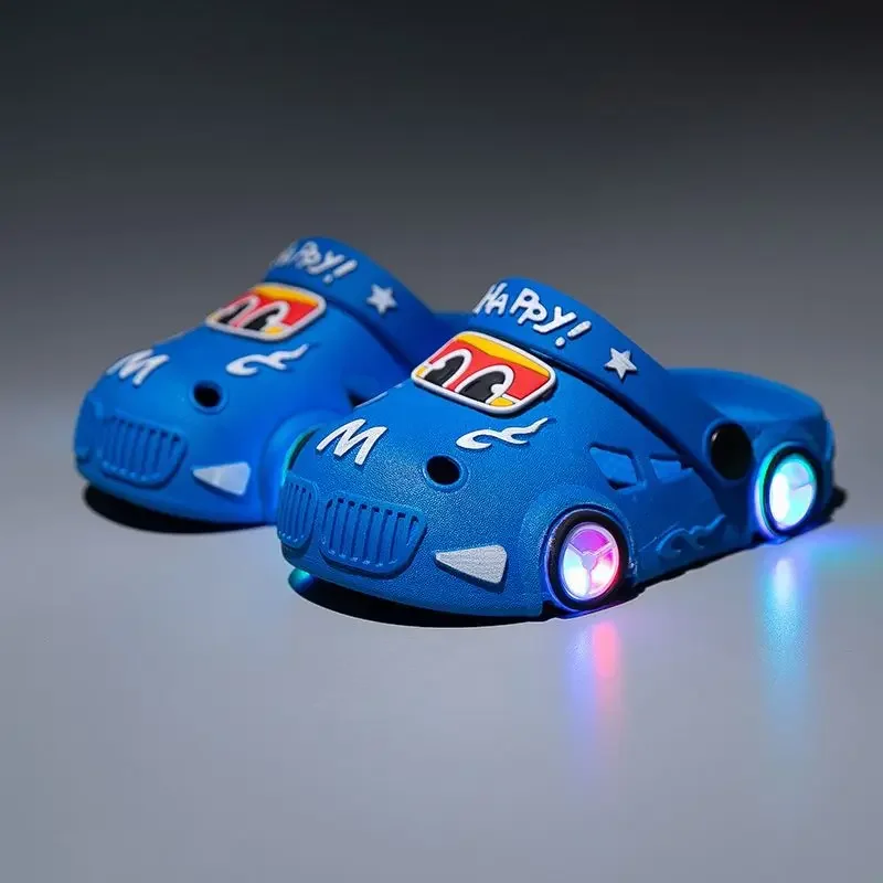 2024 Summer Children Slippers LED Lighted Boys Girls Hole Shoes Anti Slip Soft Sole Beach Sandals Cartoon Car Glowing Kids Shoes