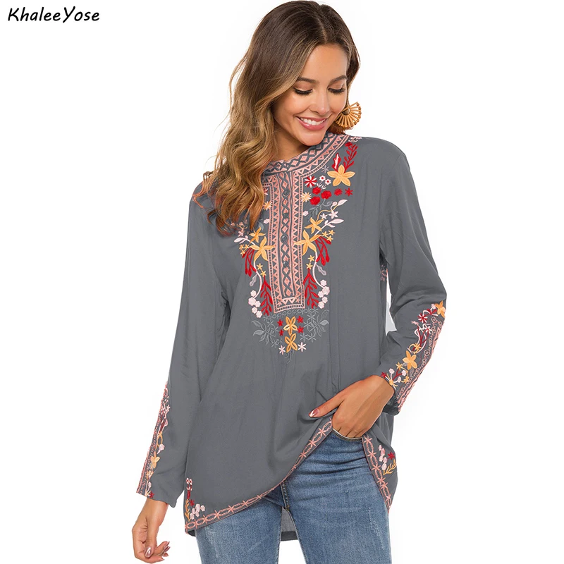 KHALEE YOSE Red Floral Embroidery Blouses Shirt Cotton Spring Boho Mexican Shirt Short Sleeve Women 23xl Ethnic Hippie Shirt top