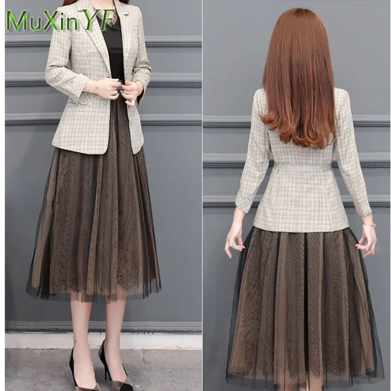 2022 Spring Autumn New Plaid Blazer Dress Two-piece Women\'s Fashion Business Wear Korean Elegant Casual Suit  Midi Skirt Set