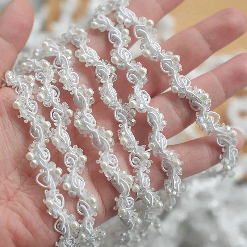 1cm Black/White Handmade Beads Lace Trim Handmade Pearl Inlaid Fake Diamond Small Fragrant Trimming Tape X466