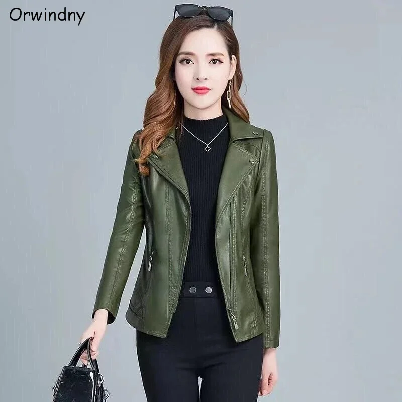 Orwindny Women Leather Coat L-3XL- 5XL Army Green Leather Jacket Female Slim Casual Autumn Leather Clothing Base Zipper Suede