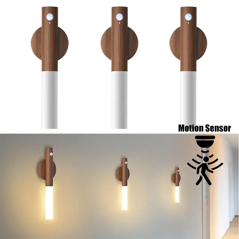 

Wooden LED Night Light Motion Sensor Wall Lamp Portable Flashlight 3Colors Rechargeable for Corridor Cabinet Bedroom or Home Use