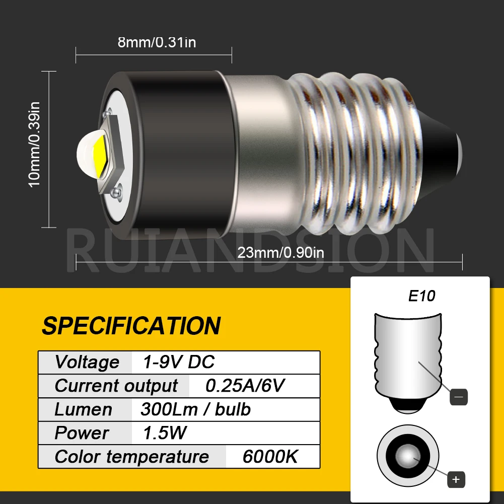 Ruiandsion E10 LED Flashlight Bulbs 1-9V 5-30V Miniature Screw Indicator Light Bulbs Upgrade Flashlights Bike Work Lights White