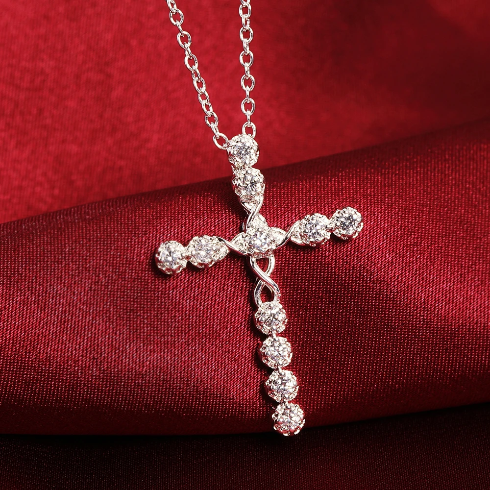 

Fashion Brand 925 Sterling Silver Necklace For Women Jewelry Blue Crystal Exquisite Cross Pendant Birthday Gifts Wedding Party