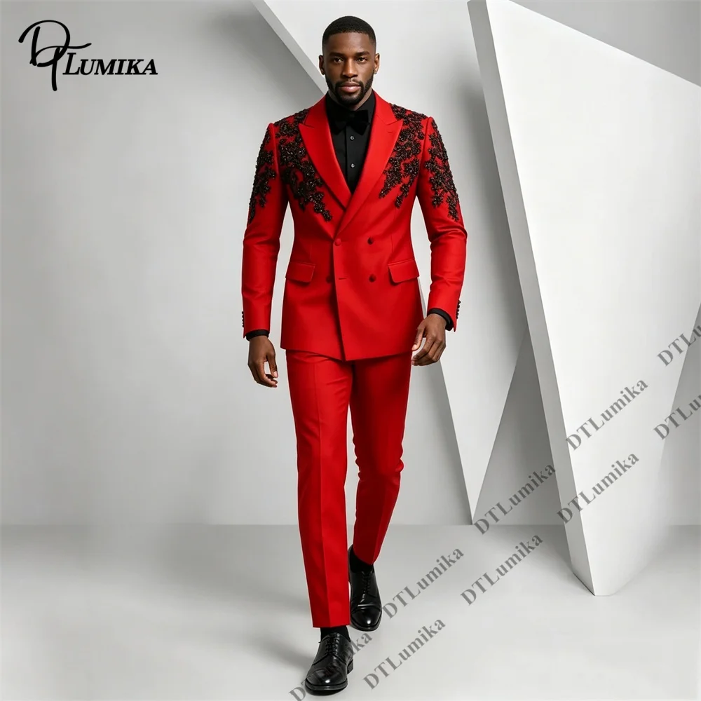 DTLumika Intricate Formal Suit Set for Men Double Breasted Two Piece Blazer Pants Set, Bold Red Party Prom Tuxedo Tailored Fit
