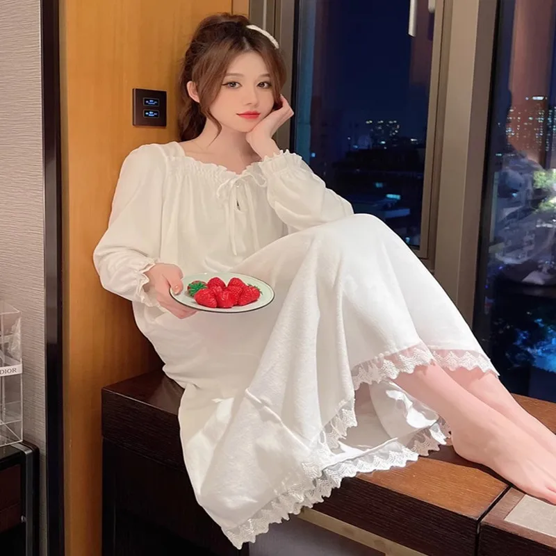Nightgown Female Long-Sleeved Princess Style Nightgown Lace Court Style Korean Version of the Loose Large Size 2024 New Home Wea