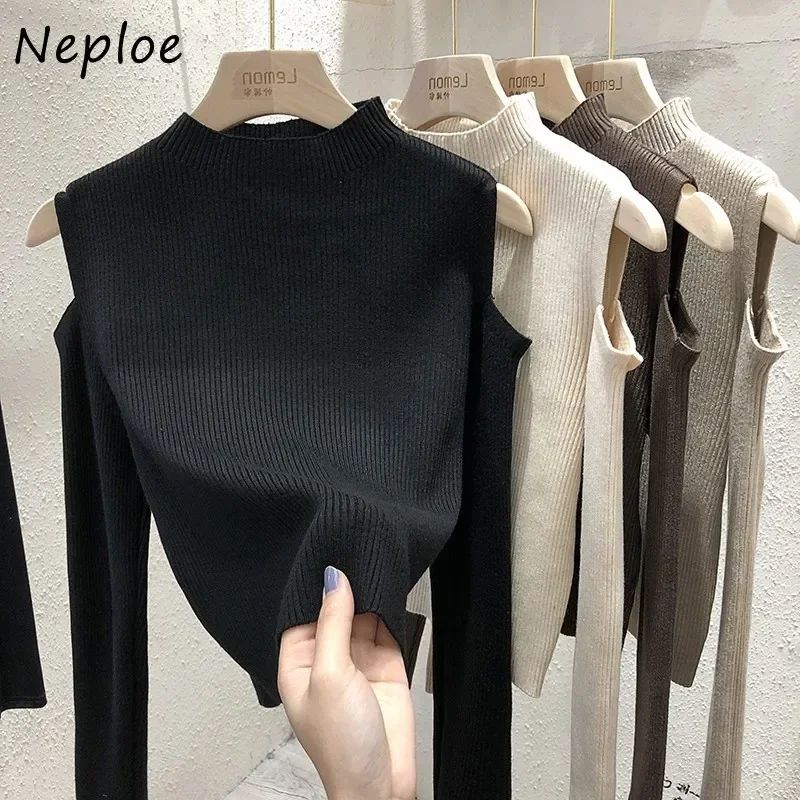 Fashion Off-the-shoulder Women\'s Pullover Tops Long-sleeve Autumn New Bottoming Knitted Shirt Mock Neck Female Sweater