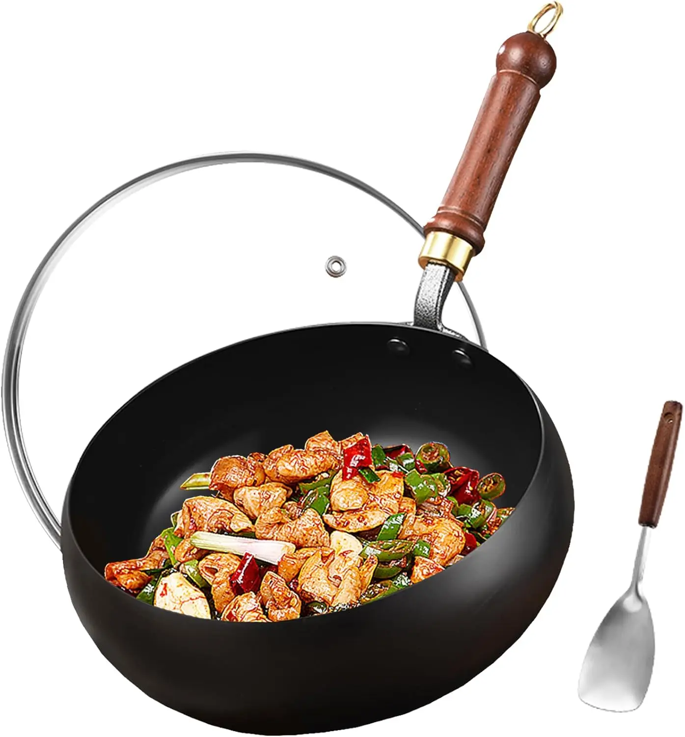 

11" Carbon Steel Wok Pan with Glass Lid, Nonstick Flat Bottom for All Stoves, Handmade Chinese Cookware