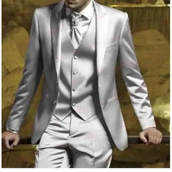 Костюм Silver Grey Solid Color Simple Men's Suits Balzer Luxury Male Clothing Skinny Wedding Outfits 3 Piece Jacket Pants Vest