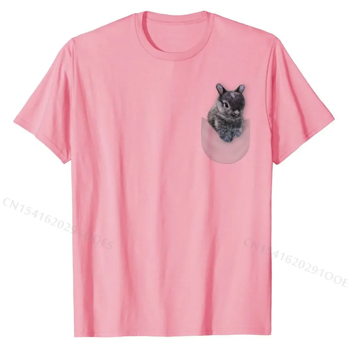 T-Shirt, Cute Gray Netherland Dwarf Bunny in Pocket,  GeekFunny Tops Tees High Quality Cotton Men's T Shirts