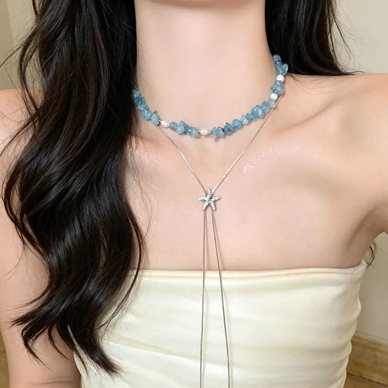 Blue Crushed Stone Starfish Long Sweater Chain Adjustable Drawstring Luxury Layered Choker for Women Summer Daily Beach Vacation