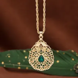 Sunspicems Crystal Arabic Pendant Necklace for Women Gold Color Algeria Water Droplets Design Hollow Metal Arabesque Jewelry