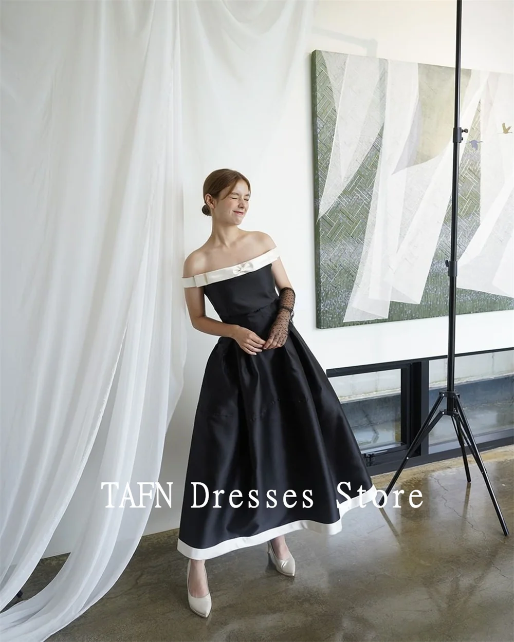 TAFN Ankle-Length Black Evening Party Dresses Boat Neck Off the Shoulder  Draped Satin Korea Wedding Shoot Dress Customized