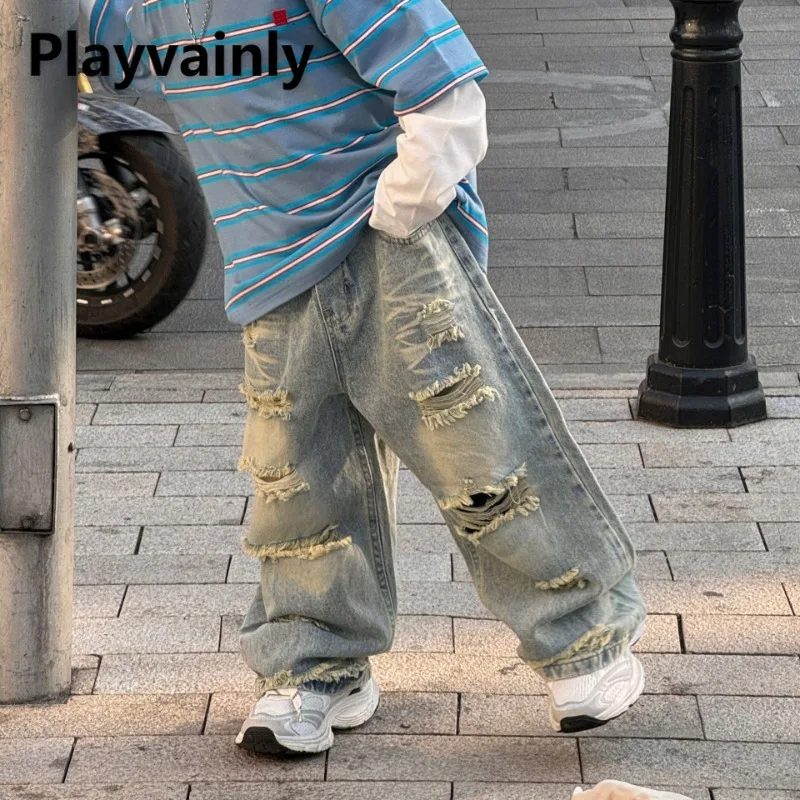 

Корейский стиль для мальчиков, уличная мода, рваные джинсы, новые весенне-осенние свободные широкие потертые джинсовые брюки, детская одежда A5009