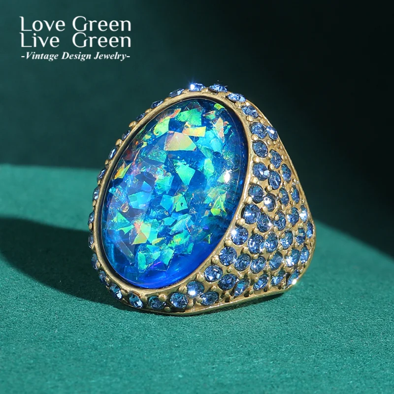

Vintage Sea Blue Natural Abalone Opal Ring Gold Color Rhinestone Quality Luxury Designer Gifts For Woman Accessories Wedding New