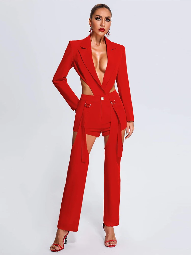 New Women Red Blazer Pant Suits Sexy Hollow Out Backless Long Sleeve Jacket Trousers 3 Piece Sets Party Evening Long Pants Suit