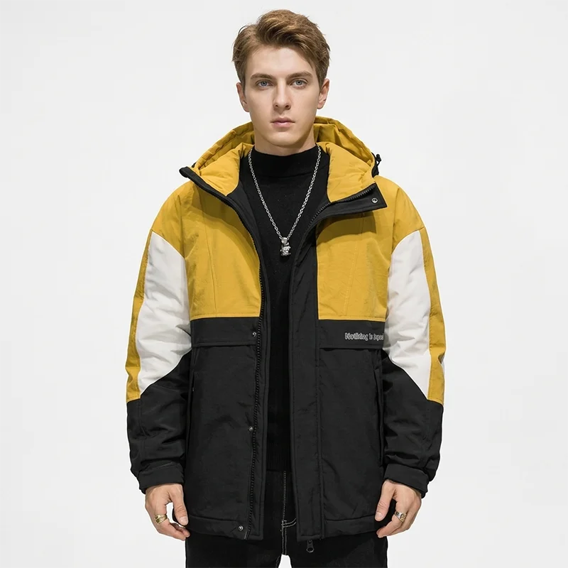 Thermal Down Jacket Men Three-Color Splicing Hooded Windbreaker Winter Multi-Pocket Cargo Jacket Heavyweight Warm Workwear Coat