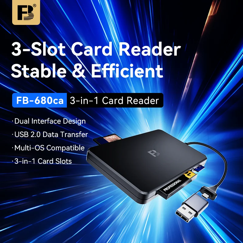 FB FB-680ca 3-in-1 Card Reader USB 2.0 Dual Interface Memory Card Adapter, Multi-OS Compatible SD TF MS Card Slot for Laptop PC