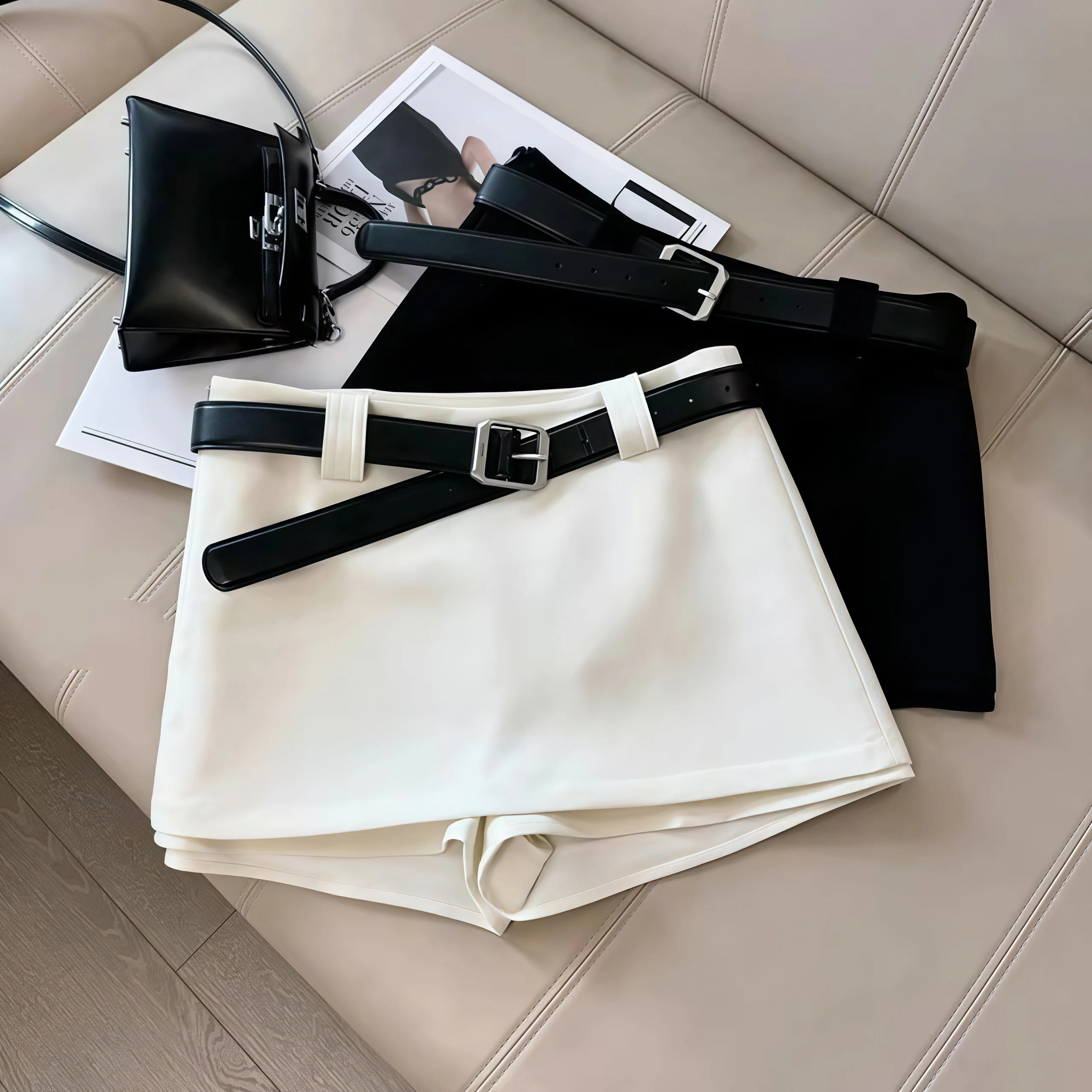 Women White Skort With Black Belt High Waist A‑Line Suit Fabric Mini Skirt Shorts Y2K Casual Office Streetwear