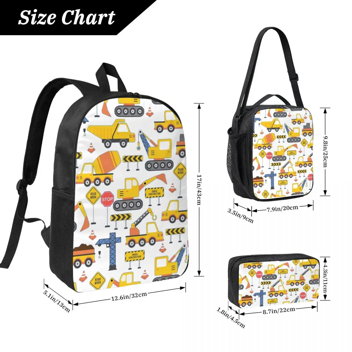 Road Work Under Construction Transportation Backpack Student Boys Girls BookBag School Bag 3ps Insulated Lunch Bag Pencil Case