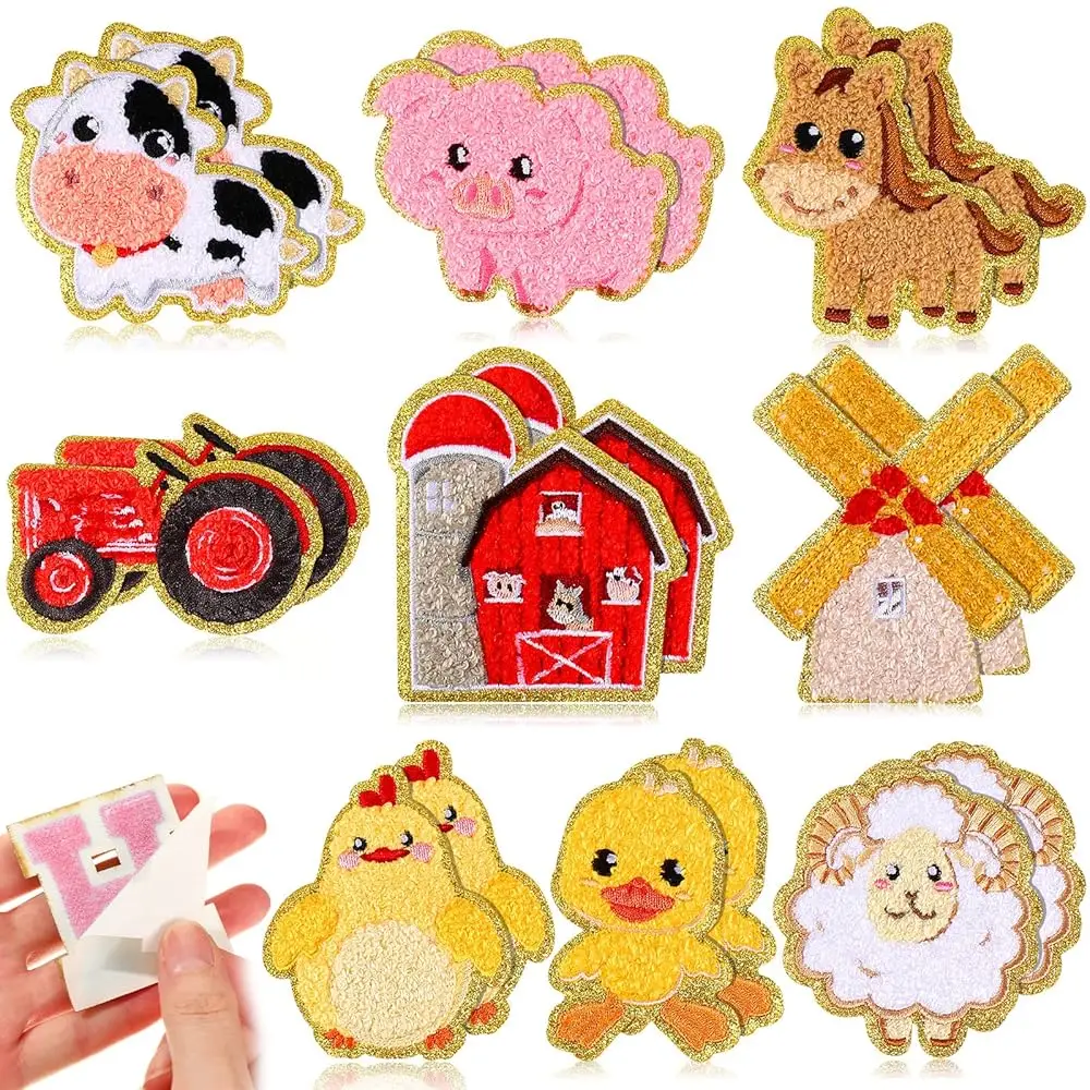 

18 Pcs Animals Iron on Cartoon Patches Appliques Farm Self Adhesion Chenille Repair Embroidered Patches for Pants Backpacks