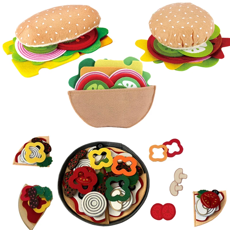 Kids Kitchen Toy Pretend Play Make Pizza Hamburger Game Simulation Sandwich Food Cook Montessori Educational Creative Felt Toys