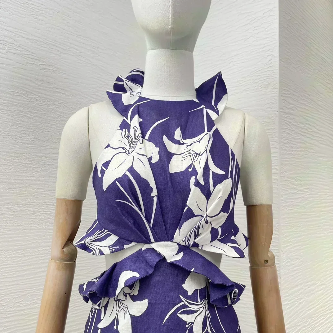 New Design 2024 Women Violet Purple Lily Flower Print High Quality Cotton Sleeveless Cut Out Ruffles Summer Halter Mini Dress