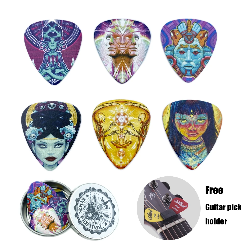 12 pcs/lot with Box 0.71mm Medium Guitar Picks Celluloid Mediators Alien Paintings Plectrum Guitar Accessories Guitar Holder