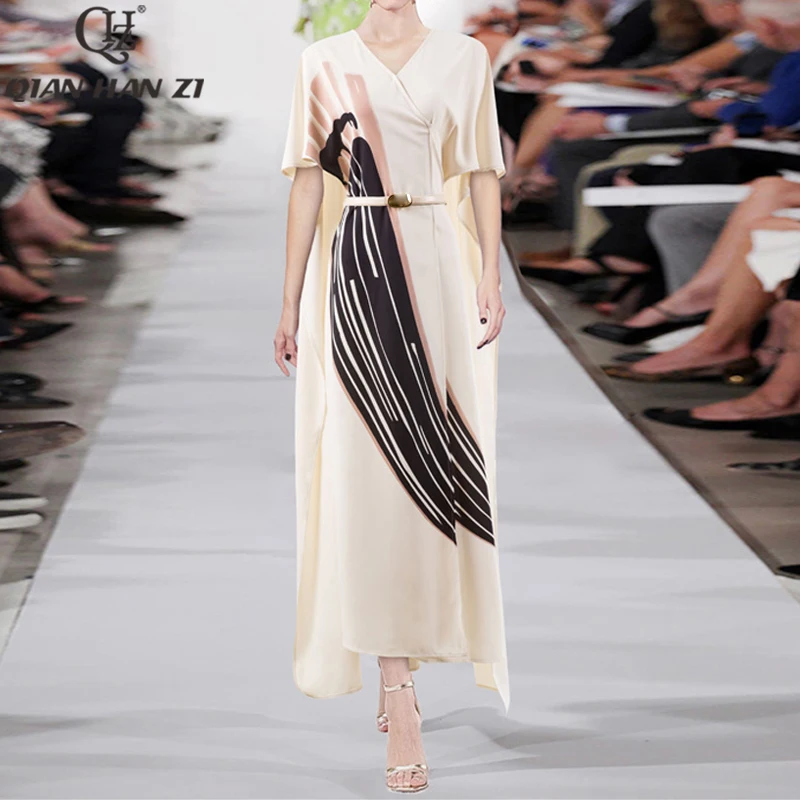 

Qian Han Zi Designer Fashion Loose Maxi Dress summer for women V-neck bat sleeve vintage pattern print vacation long dress