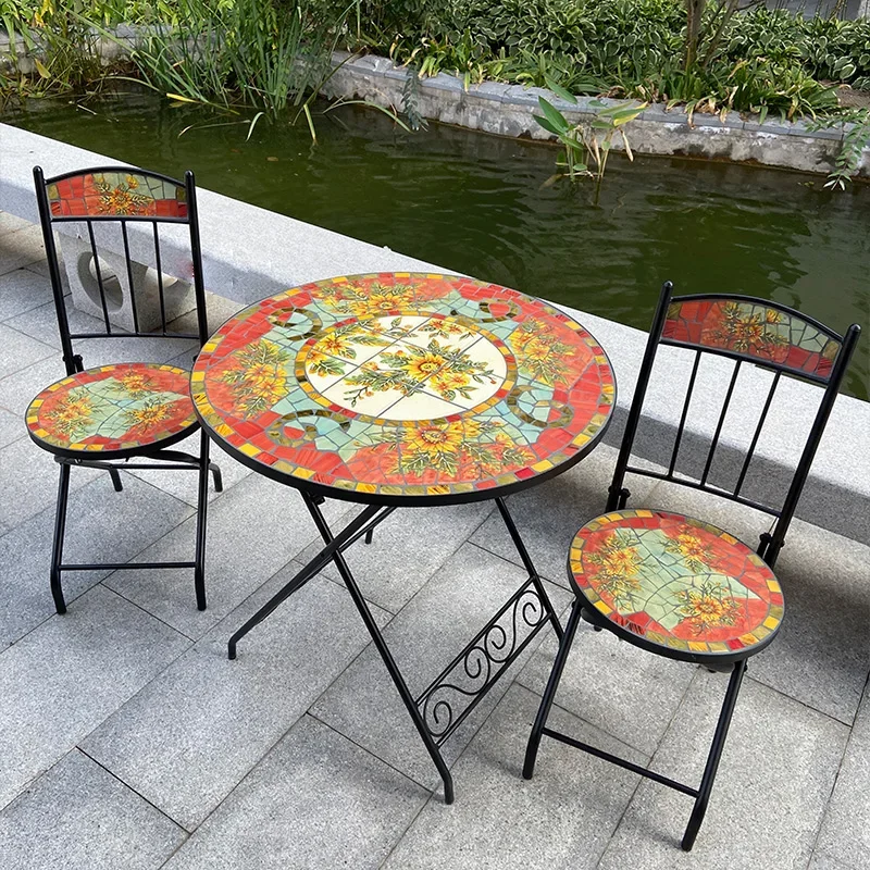 Garden Garden Leisure Tables and Chairs Handmade Mosaic Waterproof Rust-proof Sunscreen Durable Foldable