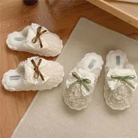 Chaussons d'hiver chauds en fourrure pour femmes, pantoufles à semelle épaisse, mignonnes avec nœud, antidérapantes, douces, chaussures d'intérieur en peluche pour femmes. 4