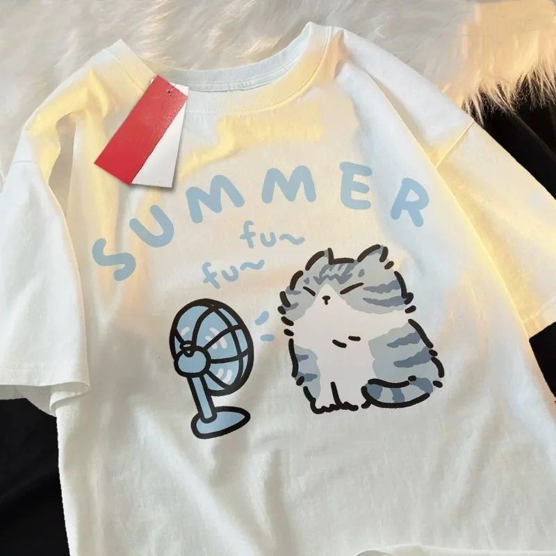 

ZAZOMDE 2025 New Kawaii Chibi Cat Handmade Print Men's Cotton Short-Sleeve Lightweight T-Shirt Vintage Retro Moisture Wicking