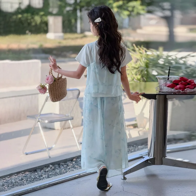 Girls Three Piece Set Summer Short Sleeve T Shirt Ruffle Camisole and Wide Leg Pants Lightweight Breathable Children Clothes