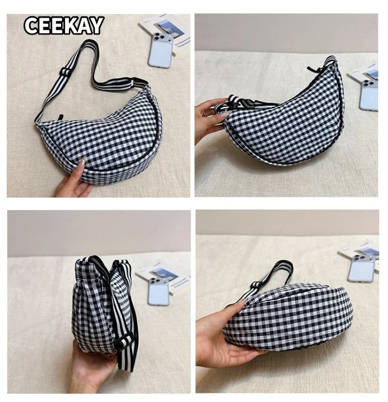 CEEKAY Women's Shoulder Bag Multi-Color Gingham Check Pattern Crescent Shape Versatile Everyday Commute Casual Style Handbags