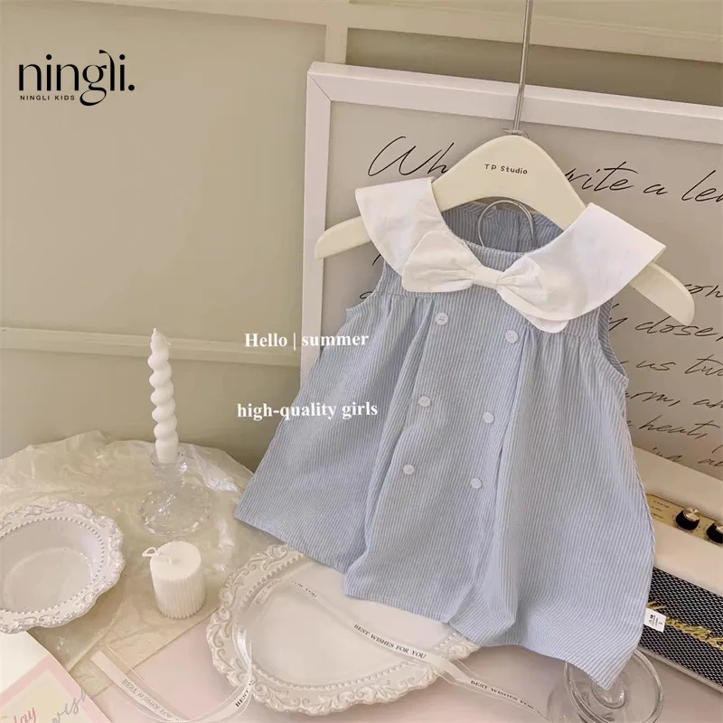 

Korean Children's Dress24Summer New Girl's Western Style Back Girl's Sailor Collar Bow Princess Dress