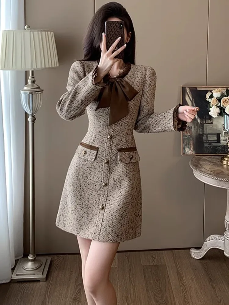 2024 Autumn New Fashion Women Tweed Dress Long Sleeve short vestidos de fiestas elegante mujer robes evening dress elegante