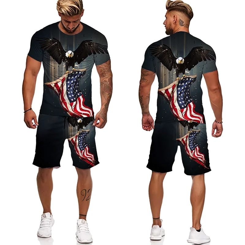 New 3D Print American Owl Pattern Short Sleeve T Shirt Shorts Men Clothing 2023 Summer Tracksuit Casual Men Sets Short Outfits