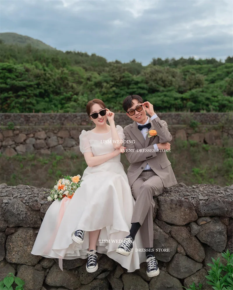 LISM Simple Korea A-Line Wedding Dresses Photo Shoot Organza O-Neck Short Sleeves Floor Length Bridal Gowns Vestidos de noiva