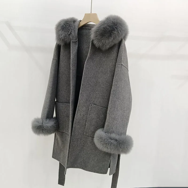 Women Loose Wool Blended Coat With Real Fox Fur Hood Trimming Casual Plus Size Long Sleeve With Fox Fur Cuff Wool Jacket Outwear