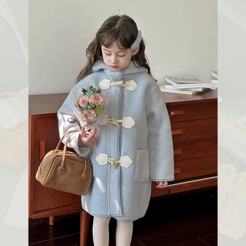 

Girls' Winter Coat 2025 Winter Trendy Faux Fur Lined Thermal Insulated Woolen Mid Length Coat with Horn Buckle for Big Kids