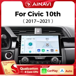 Ainavi Car Multimedia Player For Honda Civic 10th 10gen 2015 2016 2017 2018 2019 2021 wireless Carplay Android Auto 4G Wifi 2din